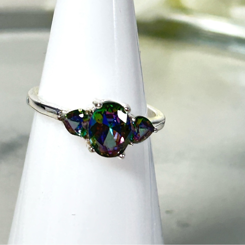 Mystic Topaz Aurora Borealis Northern Lights Ring 18K White Gold Plated NEW
